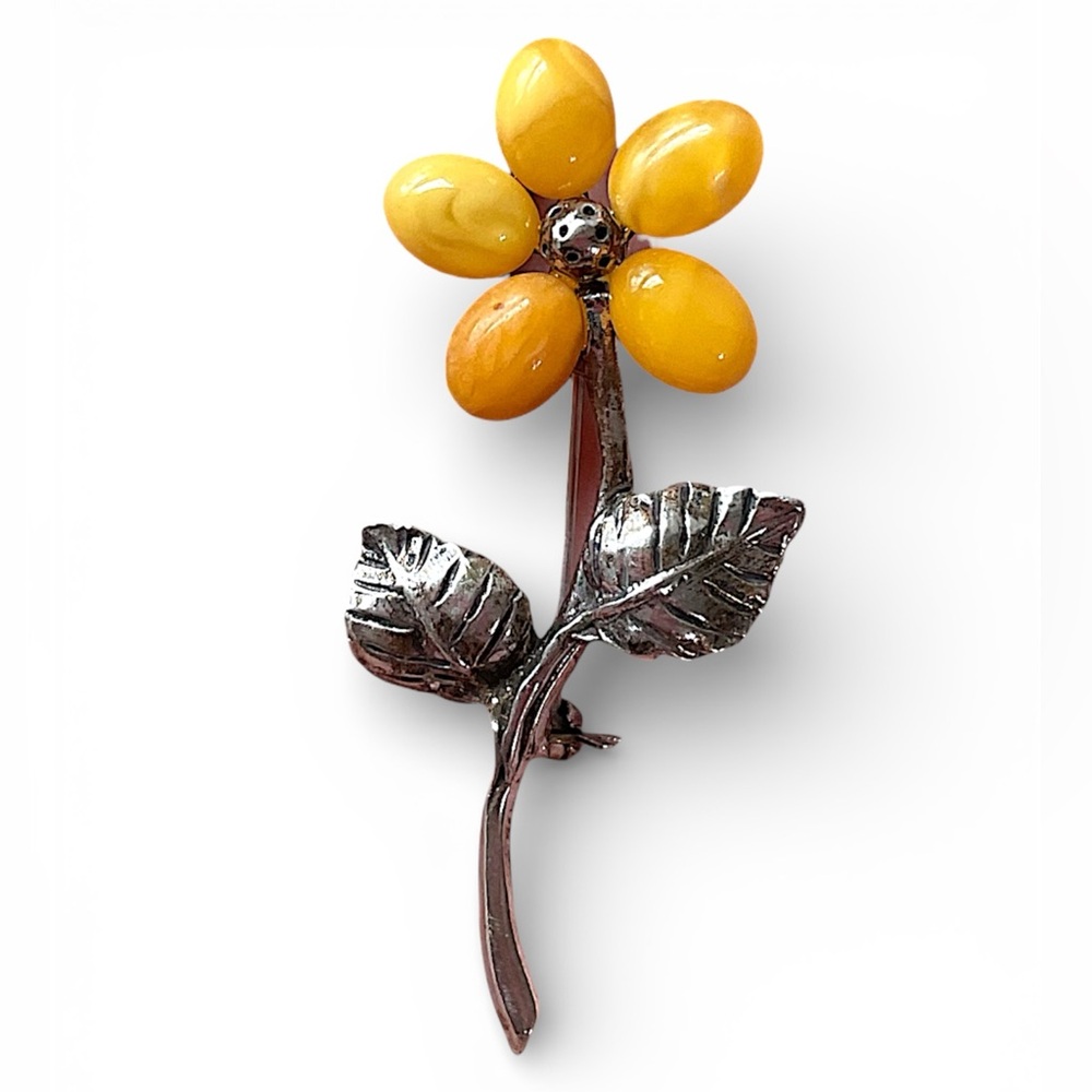 Vintage Sterling Silver Egg Yolk Butterscotch Amber Flower Brooch